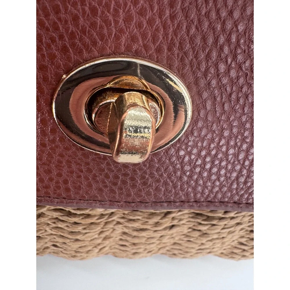 Primark Woven Straw Wicker Crossbody Bag Purse Brown Faux Leather Trim Boho - Picture 9 of 13